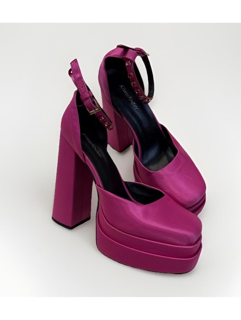 Kiwufoder Pink Satin Crystal Strap Platform Pumps Size 10